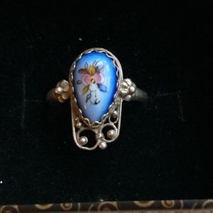 Russian vintage fligree hand painted on porcelain-finift enamel-ring, size 7-7,5